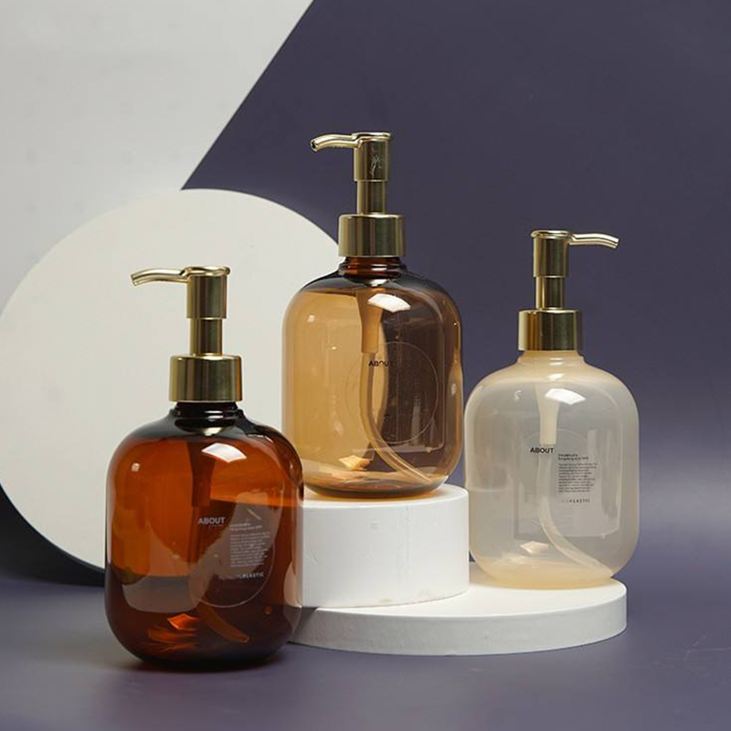 300ml 500ml pet plástico âmbar redondo vazio condicionador garrafa de loção corporal ouro pet loção bomba shampoo garrafa