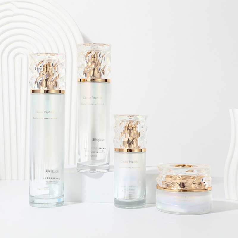 Conjunto de embalagem cosmética gradiente colorido impresso frasco de creme facial vazio para cuidados com a pele frasco de loção de vidro com bomba Conjunto de embalagem cosmética gradiente colorido impresso frasco de creme facial vazio para cuidados com a pele frasco de loção de vidro com bomba