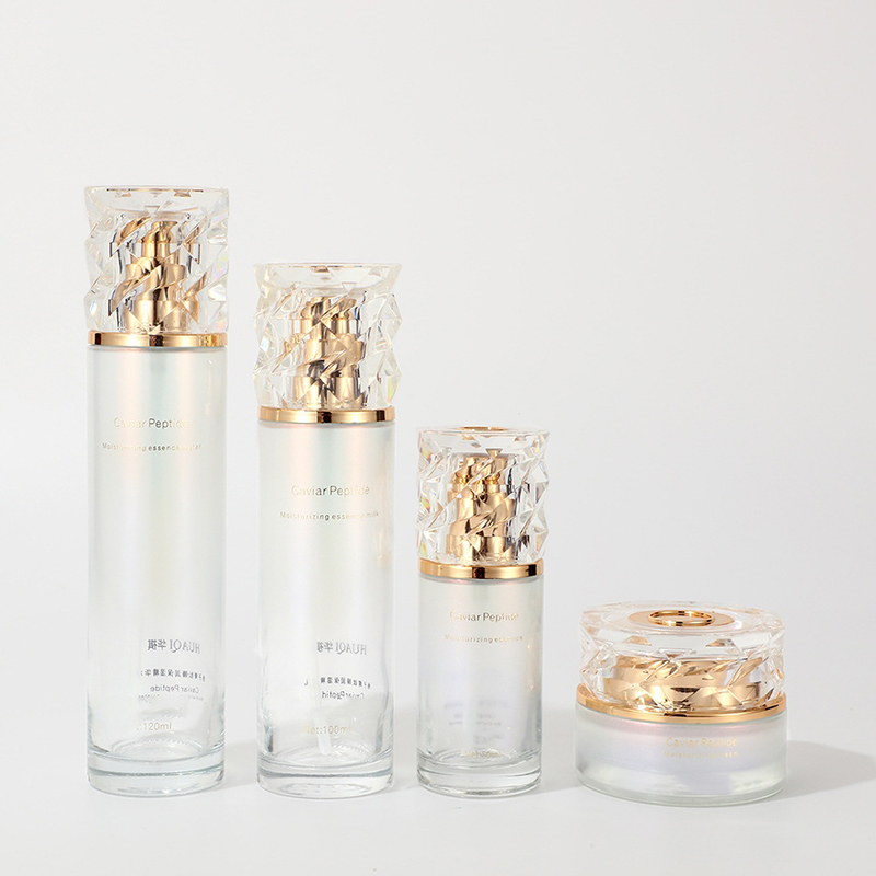 Conjunto de embalagem cosmética gradiente colorido impresso frasco de creme facial vazio para cuidados com a pele frasco de loção de vidro com bomba Conjunto de embalagem cosmética gradiente colorido impresso frasco de creme facial vazio para cuidados com a pele frasco de loção de vidro com bomba