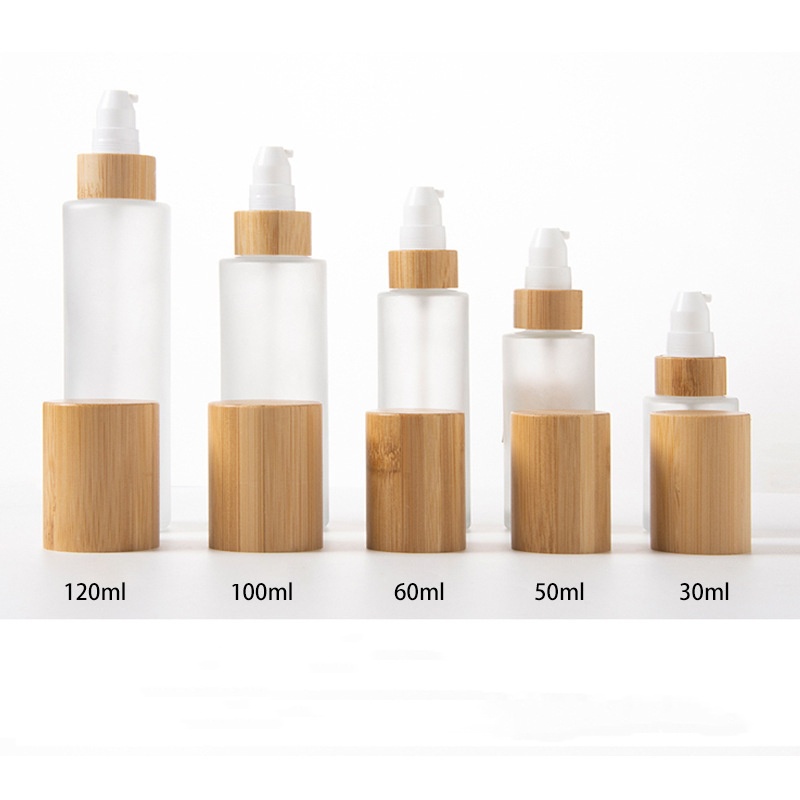 Névoa fina da bomba cosmética fosca da loção e garrafa de vidro do pulverizador da loção com tampa de madeira de bambu Névoa fina da bomba cosmética fosca da loção e garrafa de vidro do pulverizador da loção com tampa de madeira de bambu