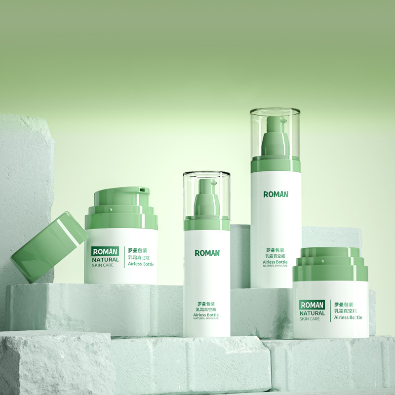 Embalagem de cosméticos de plástico Frasco de creme facial 30ml 50ml 80ml Conjunto de frasco de bomba sem ar verde com galvanoplastia para frasco de soro anti-idade
