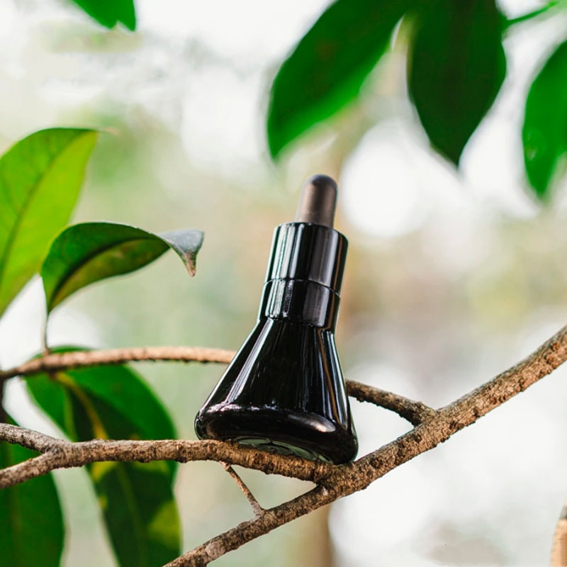 Embalagem cosmética de vidro cônico preto para garrafa de óleo essencial Embalagem cosmética de vidro cônico preto para garrafa de óleo essencial