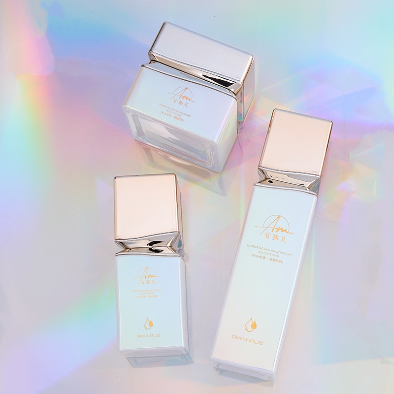 Frasco de creme de vidro quadrado com efeito iridescente para creme facial e creme para os olhos Frasco de creme de vidro quadrado com efeito iridescente para creme facial e creme para os olhos