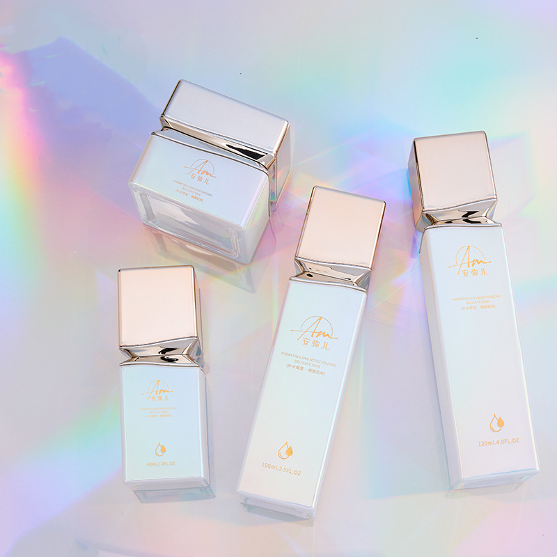 Frasco de creme de vidro quadrado com efeito iridescente para creme facial e creme para os olhos