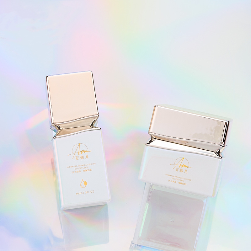 Frasco de creme de vidro quadrado com efeito iridescente para creme facial e creme para os olhos Frasco de creme de vidro quadrado com efeito iridescente para creme facial e creme para os olhos