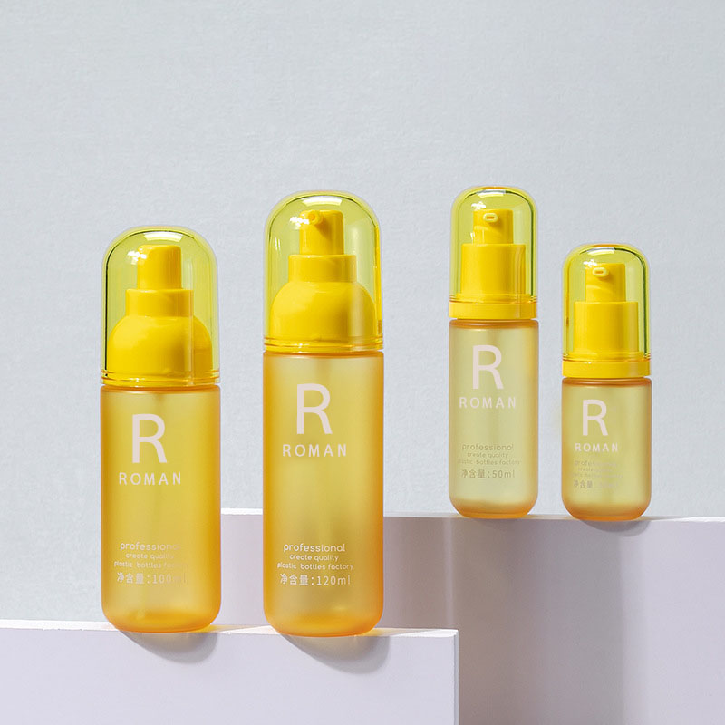 Garrafa removedora de maquiagem amarela para animais de estimação, 30ml, 50ml, 100ml, 120ml, lavagem facial, imprensa redonda, creme corporal, garrafa de loção de plástico de 3.5oz