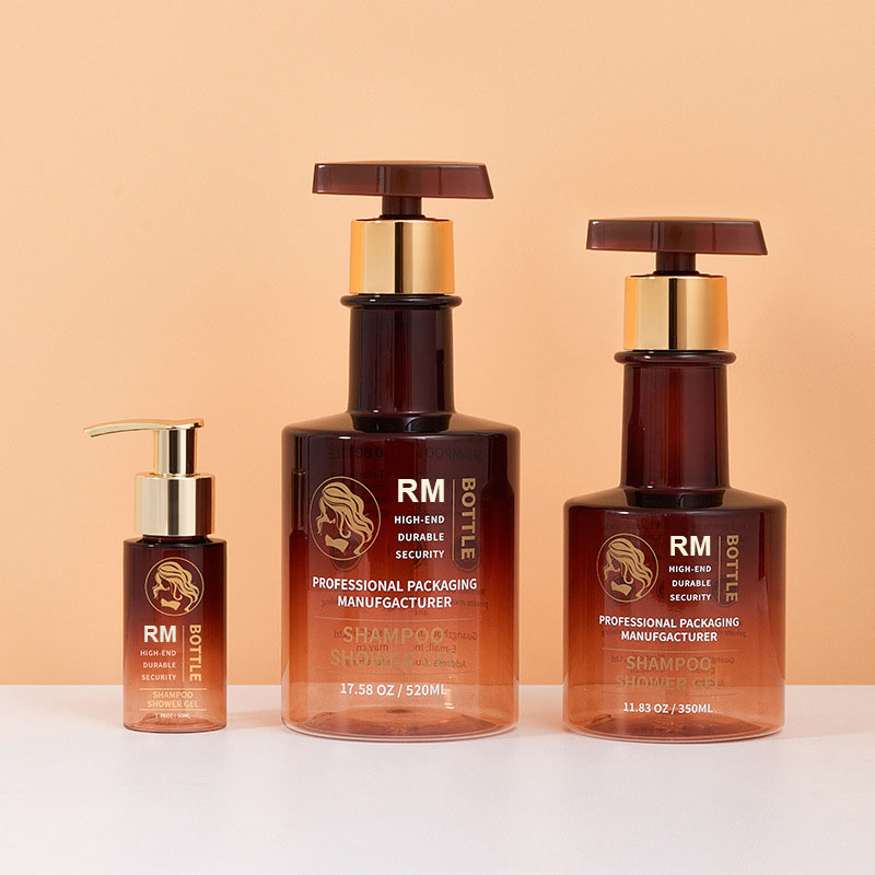 Amostra grátis âmbar preto ouro longo pescoço shampoo garrafa vazia lavagem à mão garrafa de plástico bomba de loção corporal garrafas 300ml 500ml