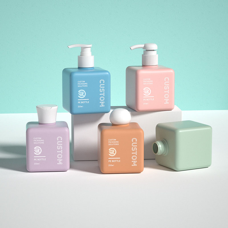 Garrafas de óleo quadradas plásticas recicladas populares do óleo da manteiga do corpo do champô dos cuidados com a pele do animal de estimação 150ml 200ml 250ml tamanhos com impressão da tela