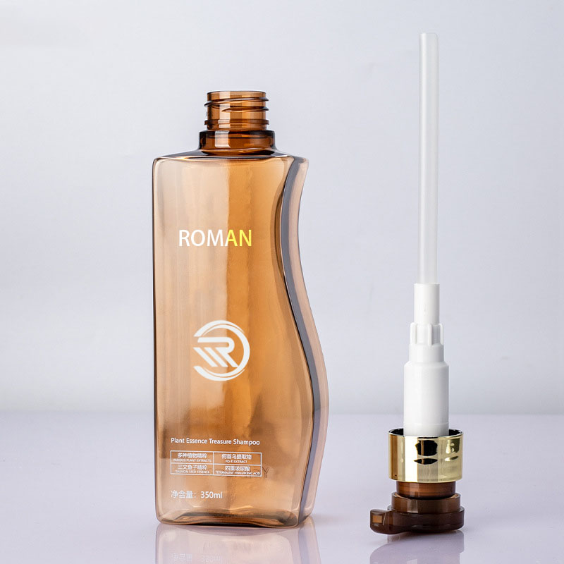 Frasco de loção corporal vazio de plástico âmbar em forma de curva confiável de 350ml 500ml com bomba para cuidados com os cabelos, shampoo, condicionador ou creme facial Frasco de loção corporal vazio de plástico âmbar em forma de curva confiável de 350ml 500ml com bomba para cuidados com os cabelos, shampoo, condicionador ou creme facial